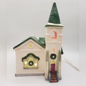 Christmas Village Lighted Church Ceramic Holiday Display 1990's 9.5" Tall Works!